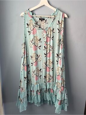 Papillon Pale Blue & Pink Floral Tiered Ruffles Sleeveless Mini Dress Size XL